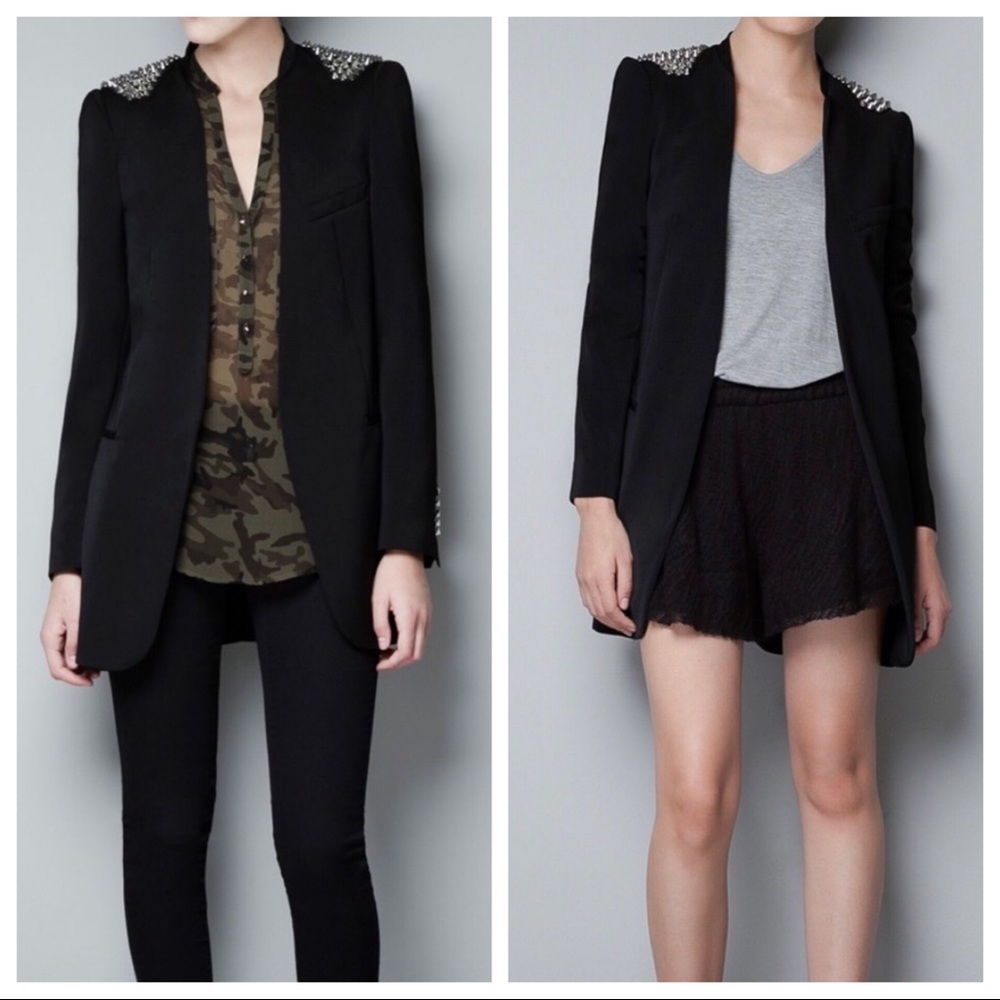 Zara Spiked Shoulder long Jacket Blazer size XS